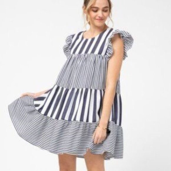 NAVY BABYDOLL STRIPES DRESS - Picture 1 of 2